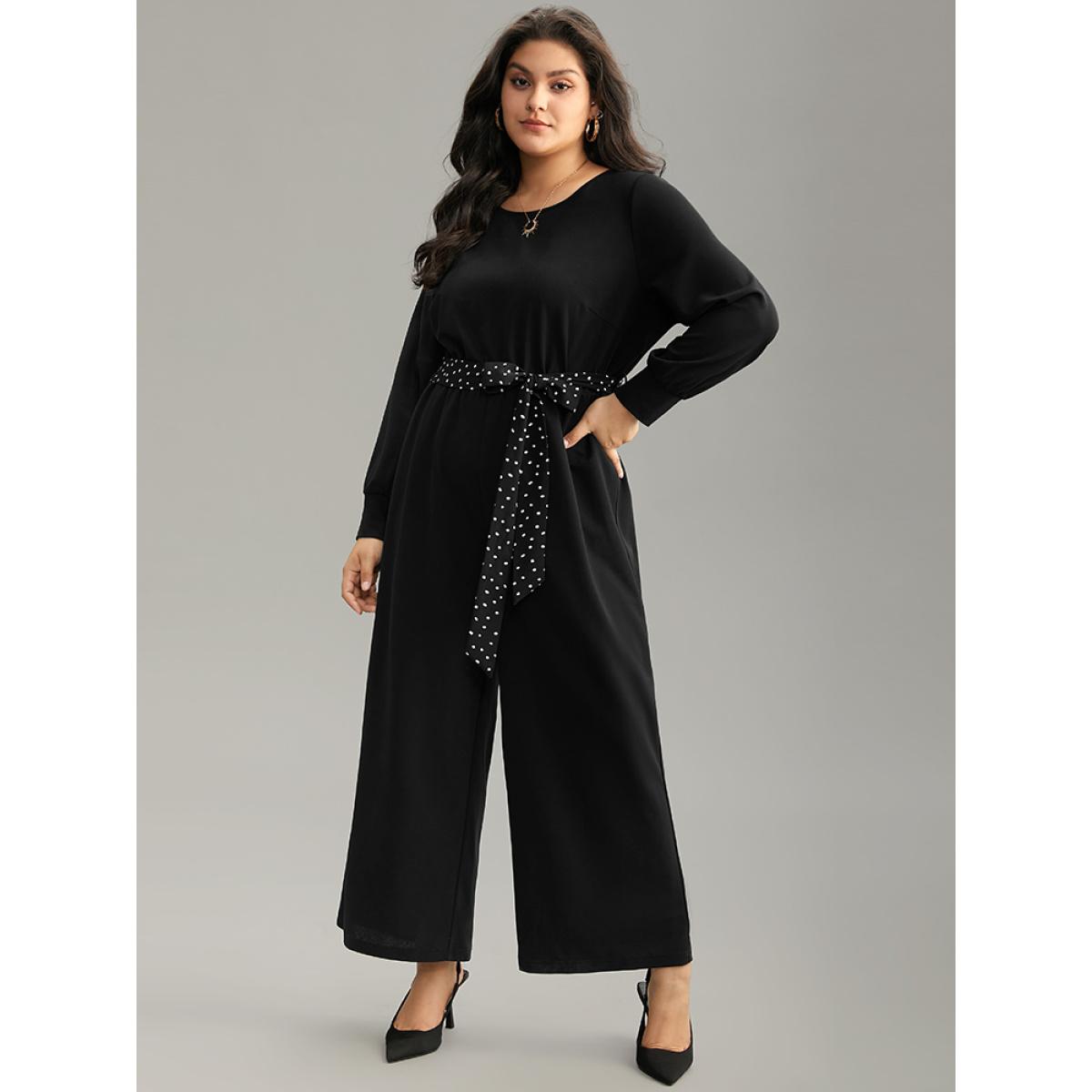 Plus Size Black Polka Dot Belted Pocket Elastic Waist Jumpsuit Women Casual Long Sleeve Round Neck Everyday Loose Jumpsuits BloomChic 14-16/1X Product Image