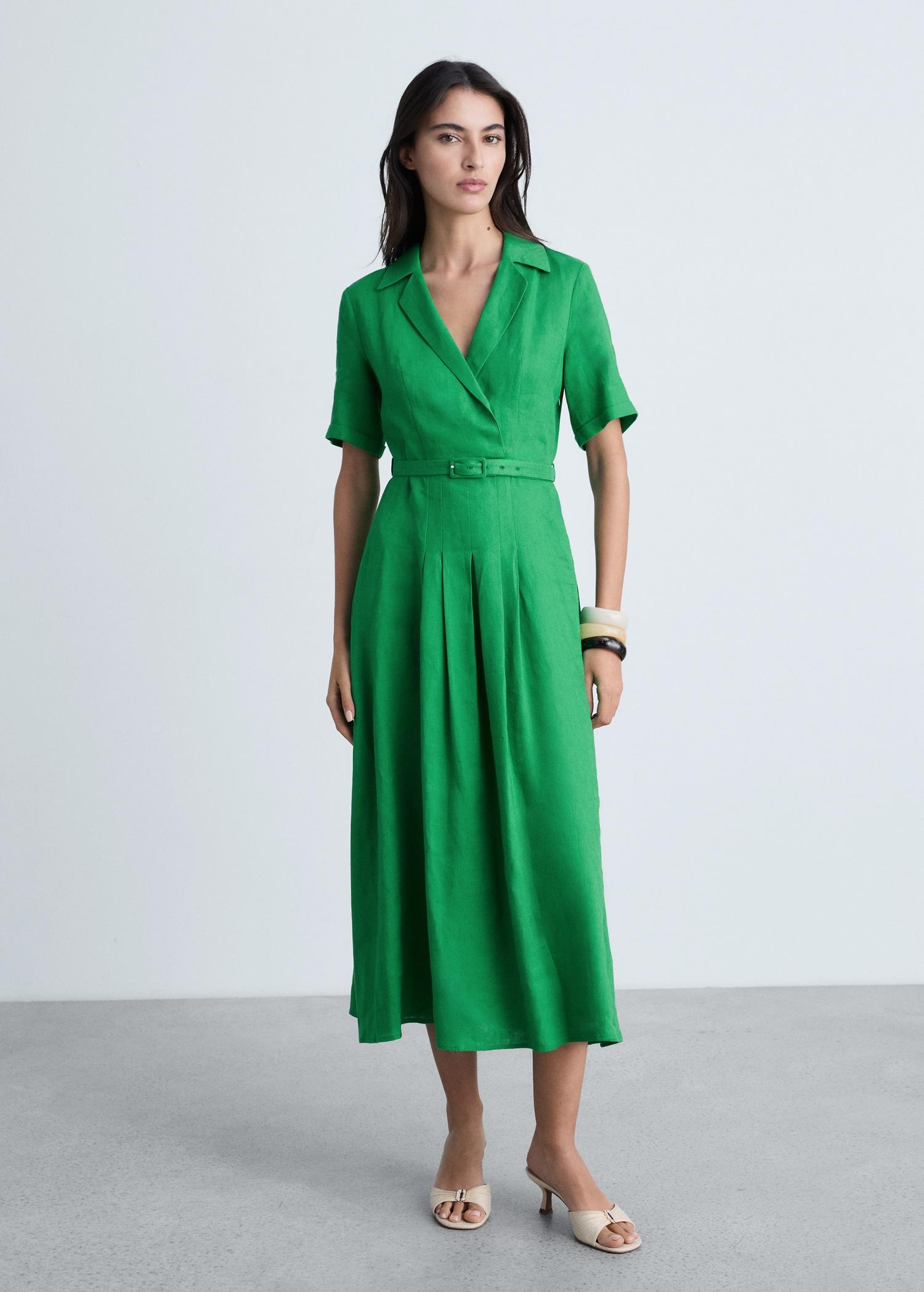 Belt linen dress - Women | MANGO USA Product Image