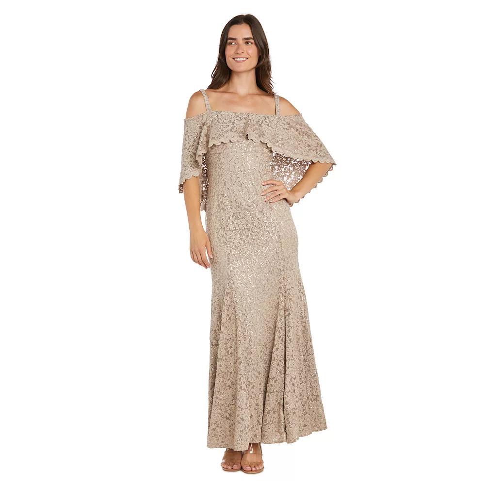 Womens R&M Richards Long Sequin Lace Mermaid Dress with Capelet Beige Product Image
