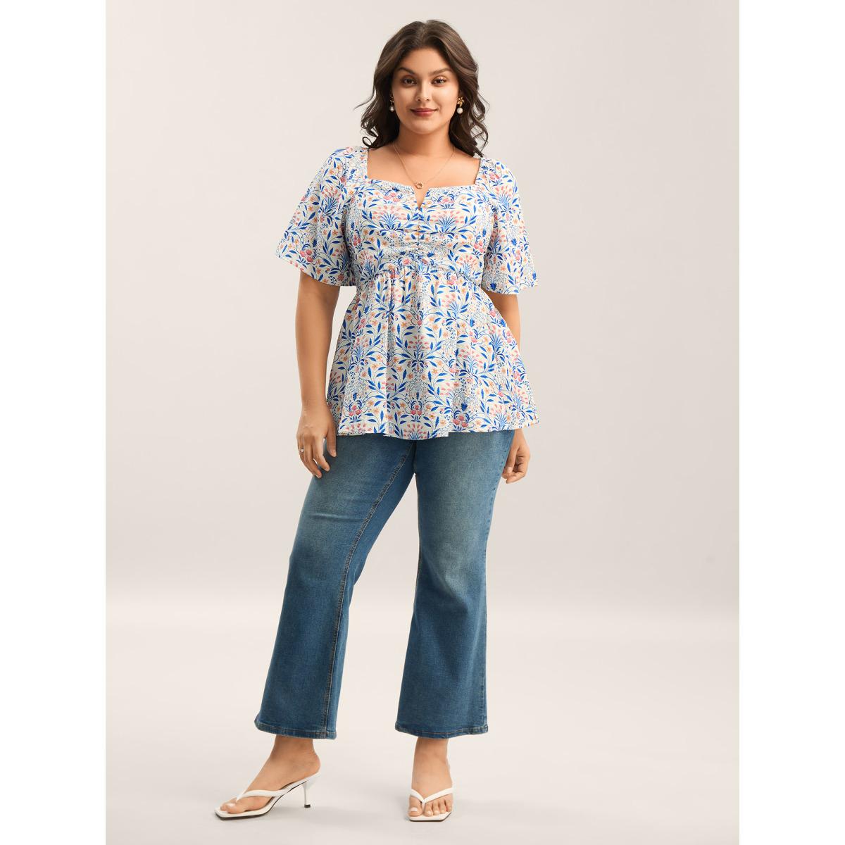 Plus Size Skyblue Floral Print Ruched Bodice Blouse Women Timeless Half Sleeve Notched collar Elegant Blouses BloomChic 26/4X Product Image