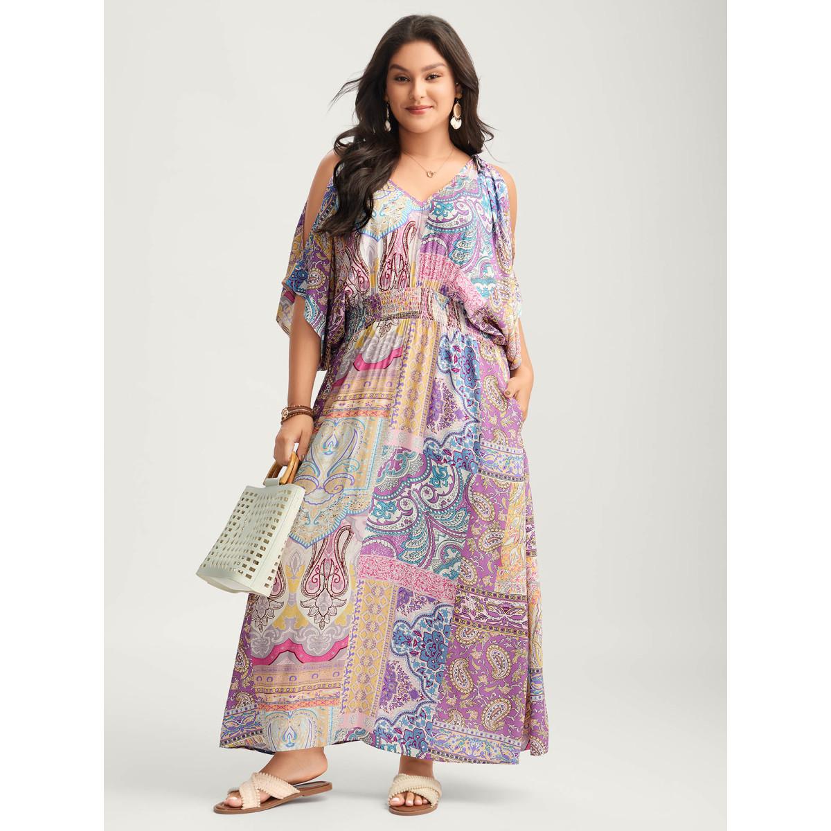 Plus Size Boho Collage Off-Shoulder Maxi Dress Multicolor Women Boho Deep V-neck Sleeveless Curvy BloomChic 30/6X Product Image