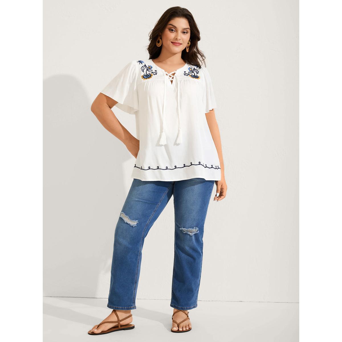 Plus Size Ivory Floral Embroidered Cross-Tie Neck Blouse Women Short sleeve Notched collar Vacation Blouses BloomChic 18-20/2X Product Image