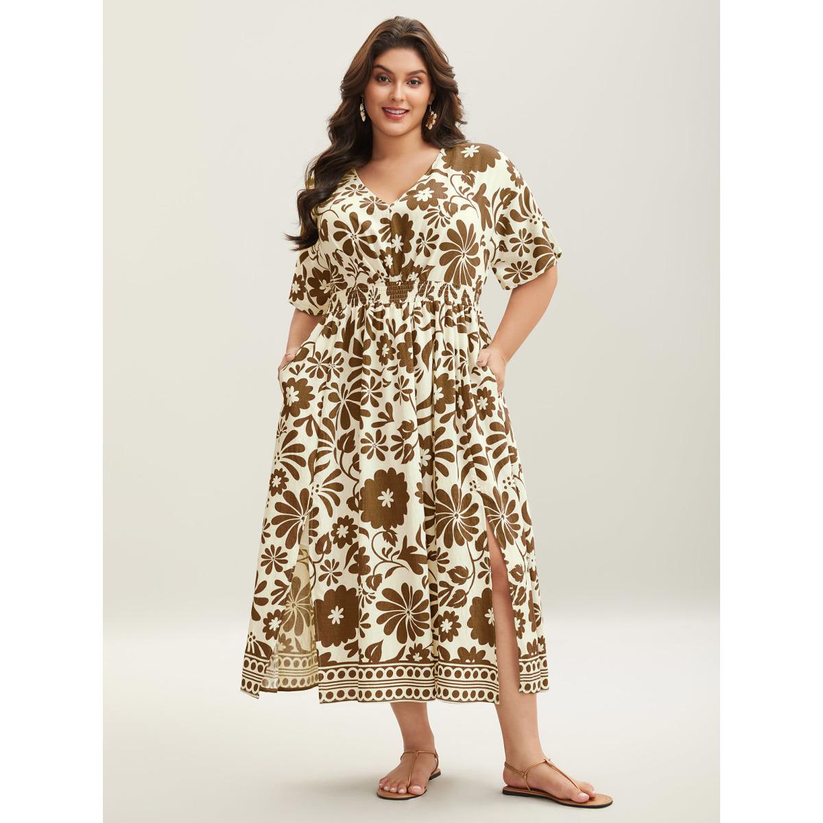 Plus Size Large Floral Print Pockets Midi Dress Bronze Women Slit V-neck Short sleeve Curvy BloomChic 12/L Product Image