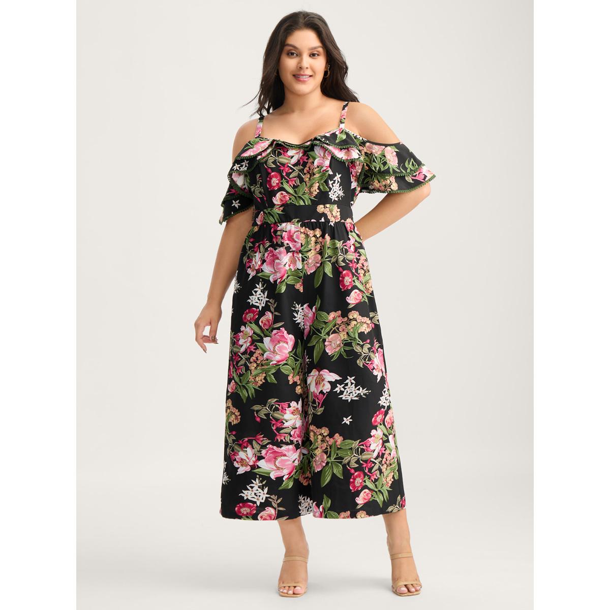 Plus Size Black Floral Print Off-Shoulder Wide-Leg Jumpsuit Women Short sleeve One-shoulder neck Elegant Loose Jumpsuits BloomChic 30/6X Product Image