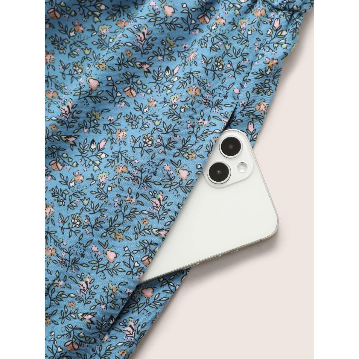 Plus Size Ditsy Floral Overlap Collar Ruffles Belted Dress Blue Women Elegant Overlapping Overlap Collar Short sleeve Curvy Midi Dress BloomChic 12/L Product Image