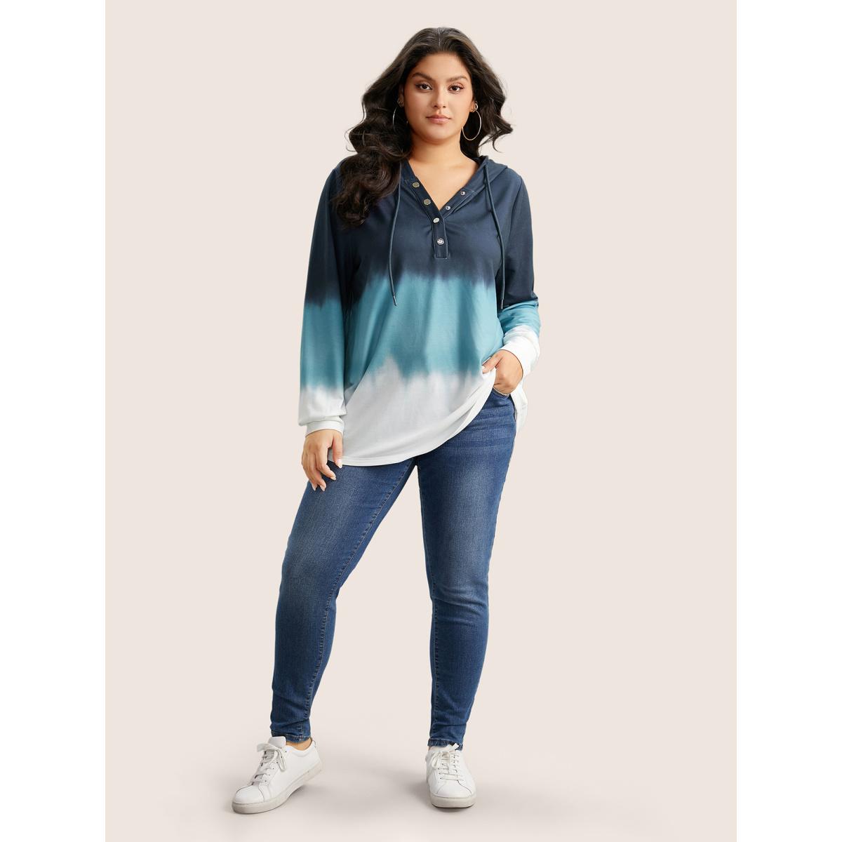 Plus Size Tie Dye Button Up Hooded Drawstring Sweatshirt Women Indigo Casual Button Hooded Everyday Sweatshirts BloomChic 18-20/2X Product Image