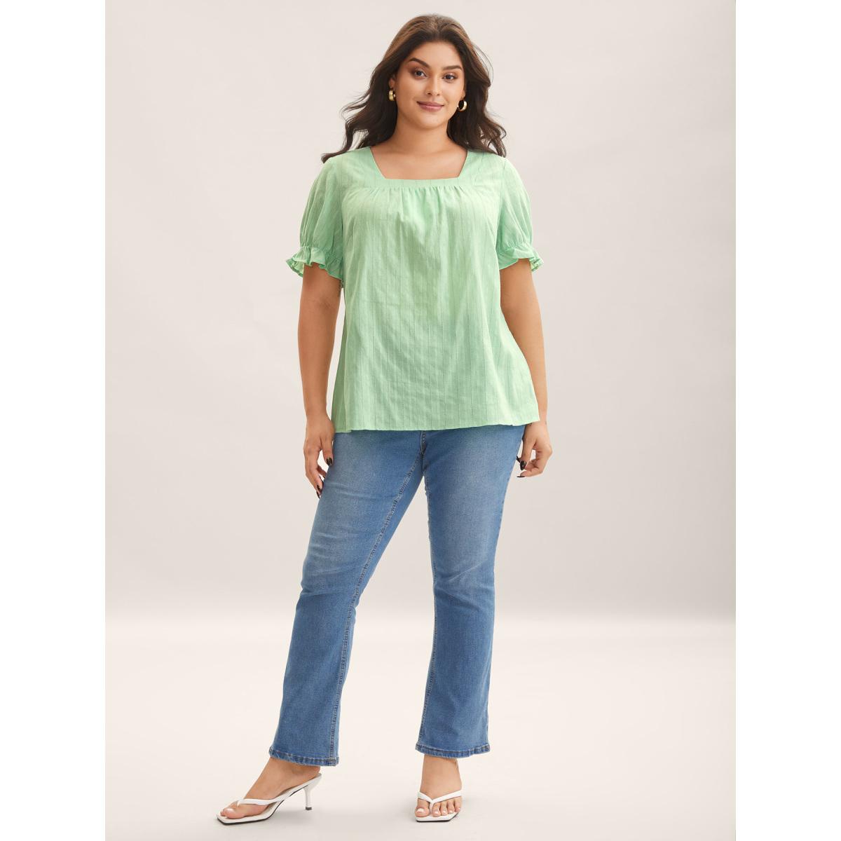 Plus Size LightGreen Cotton Square Neck Ruffled Sleeve Shirt Women Timeless Short sleeve Square Neck Elegant Blouses BloomChic 10/M Product Image