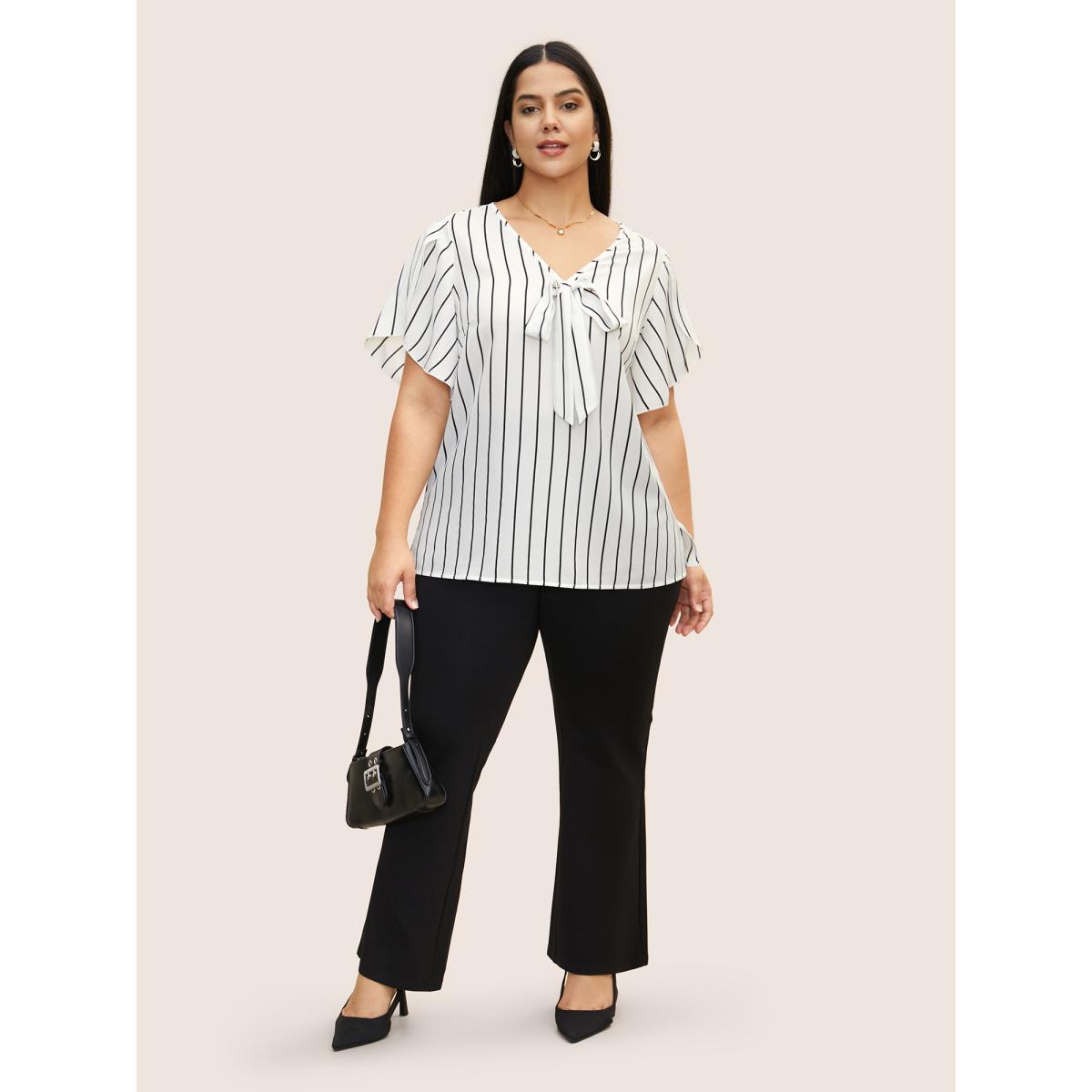 Plus Size Originalwhite Striped Tie Knot Petal Sleeve Blouse Women Work From Home Cap Sleeve V-neck Office Blouses BloomChic 22-24/3X Product Image
