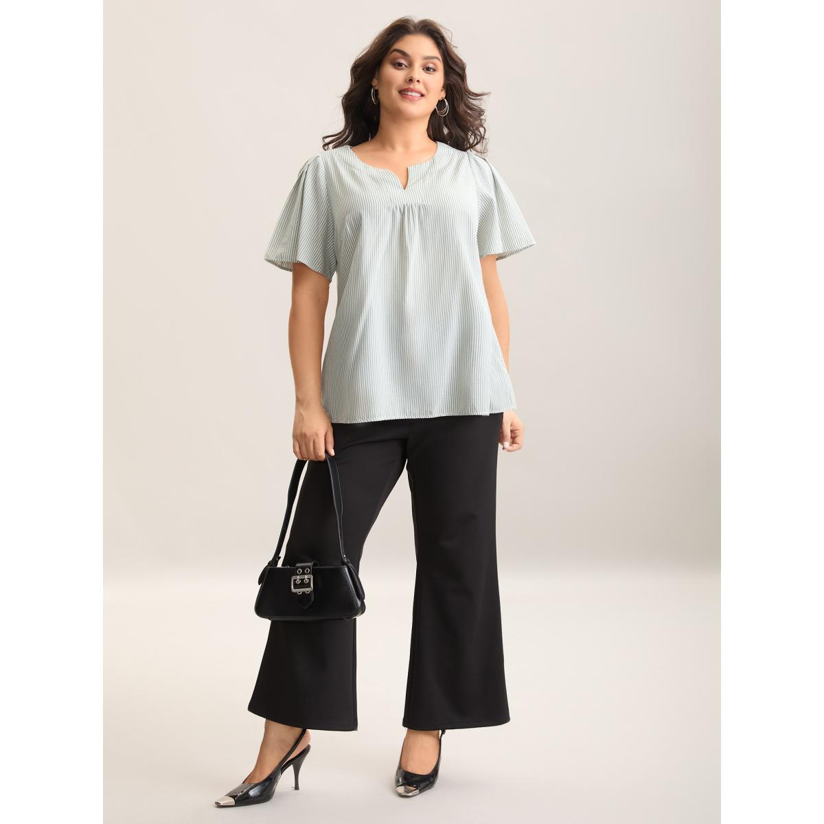 Plus Size Greenbean Striped Print Notched Collar Blouse Women Short sleeve Notched collar Work Blouses BloomChic 12/L Product Image