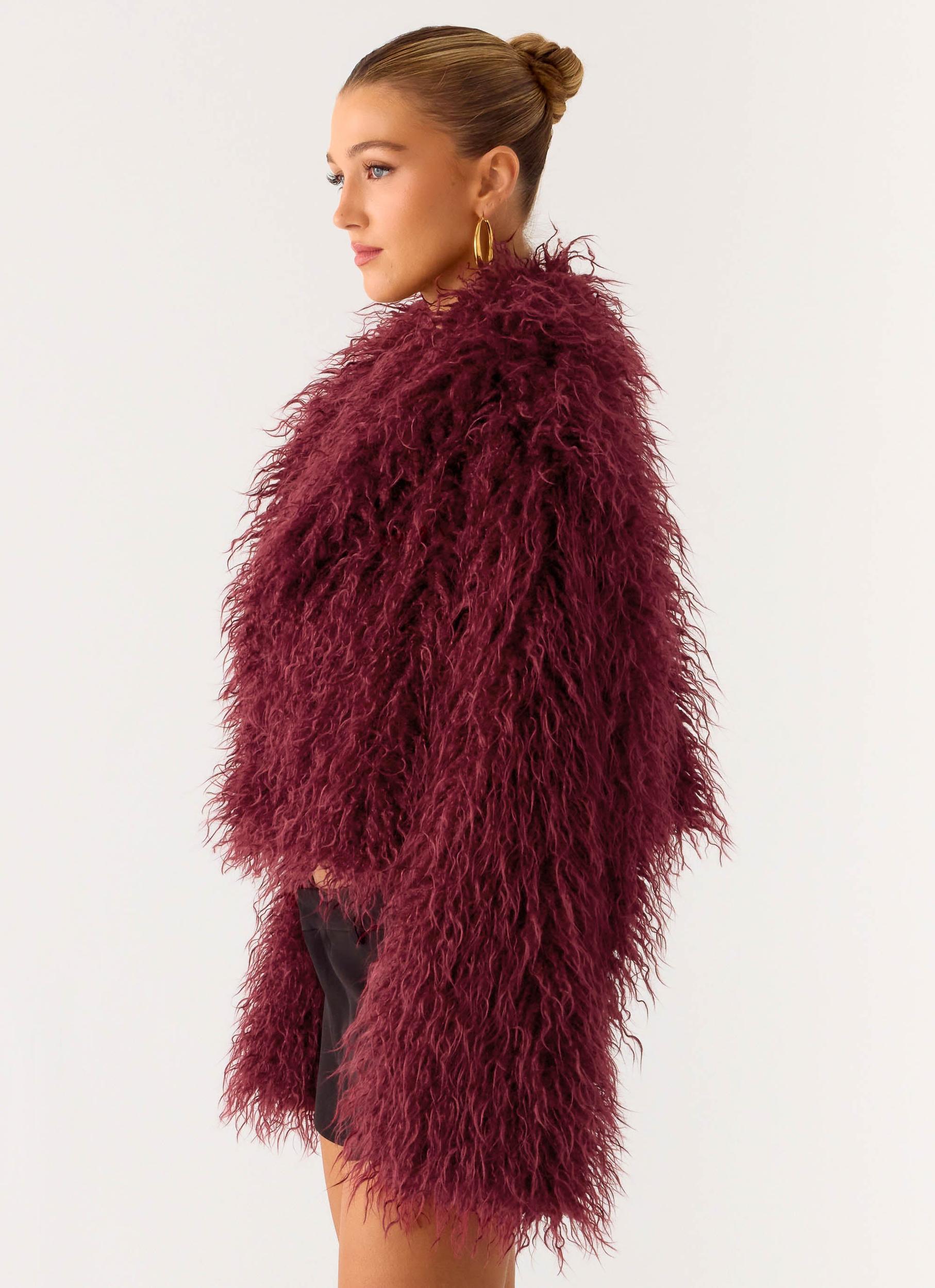 Virginia Cropped Faux Fur Jacket - Maroon Product Image