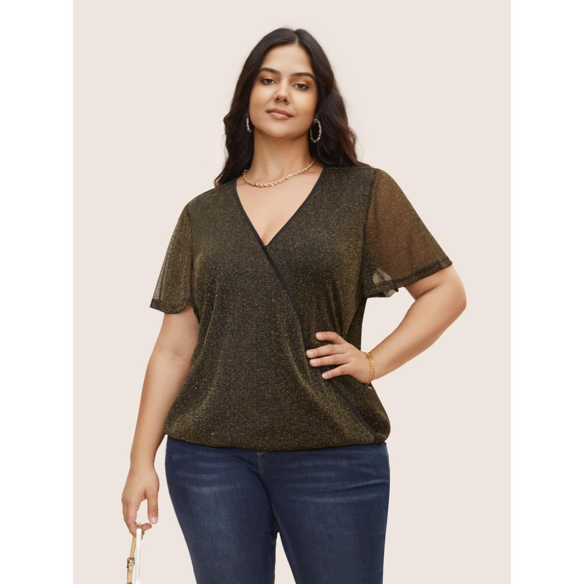 Plus Size Black Overlap Collar Metallic Luster Knitted Mesh Blouse Women Cocktail Short sleeve Overlap Collar Party Blouses BloomChic 14-16/1X Product Image