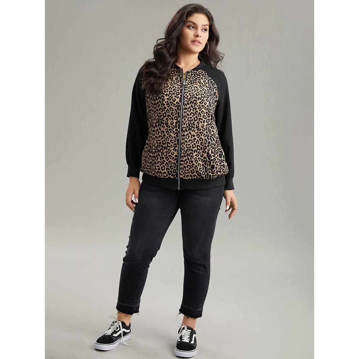 Plus Size Leopard Print Pocket Zipper Bomber Jacket Women Black Contrast Pocket Dailywear Jackets BloomChic 22-24/3X Product Image