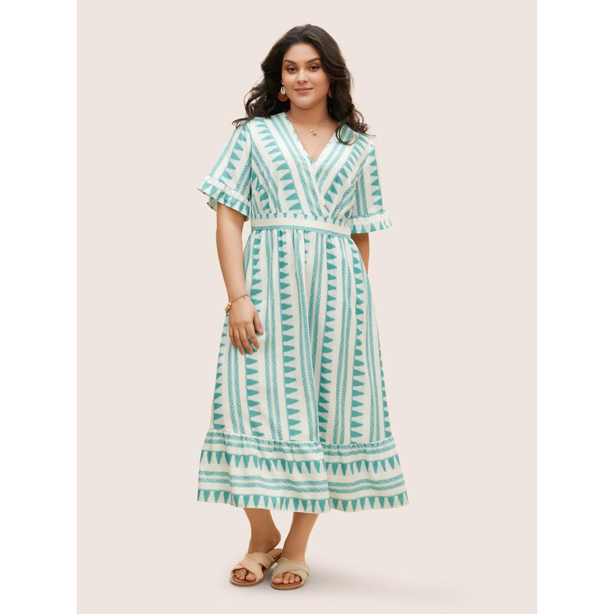 Plus Size Bandana Striped Overlap Collar Flutter Hem Dress Turquoise Women Resort Ruffles Overlap Collar Short sleeve Curvy BloomChic 28/5X Product Image