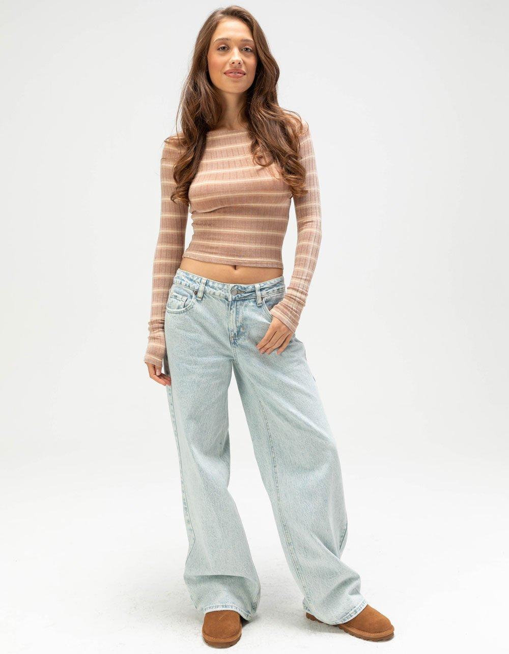 FULL TILT Stripe Boat Neck Womens Long Sleeve Tee - GREEN Product Image