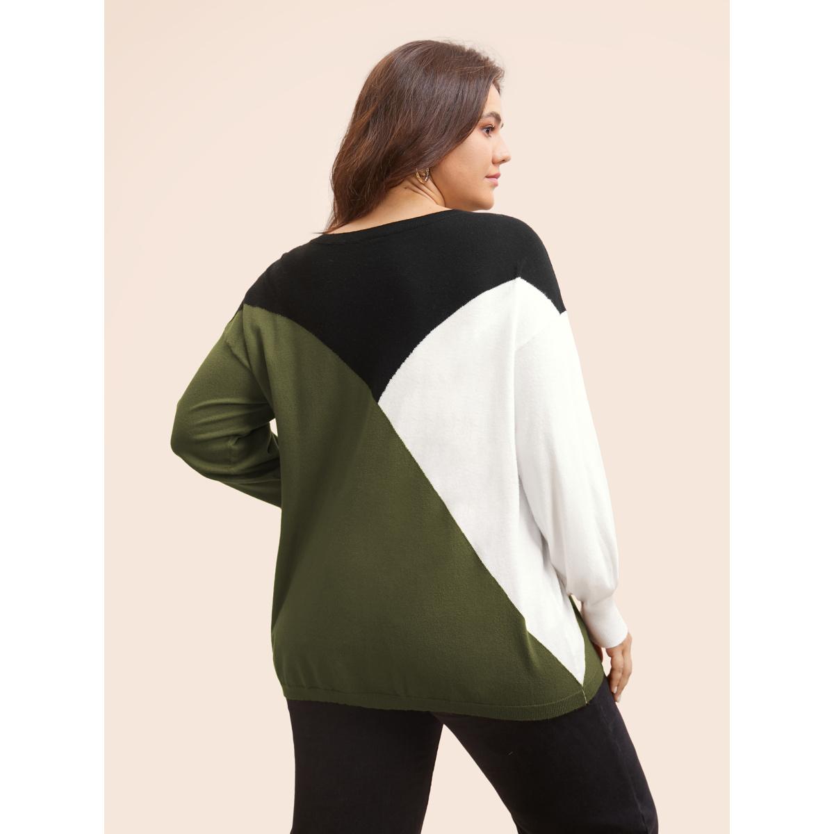 Plus Size Supersoft Essentials Colorblock Contrast Pullover ArmyGreen Women Leisure Long Sleeve Round Neck Casual Pullovers BloomChic 26/4X Product Image