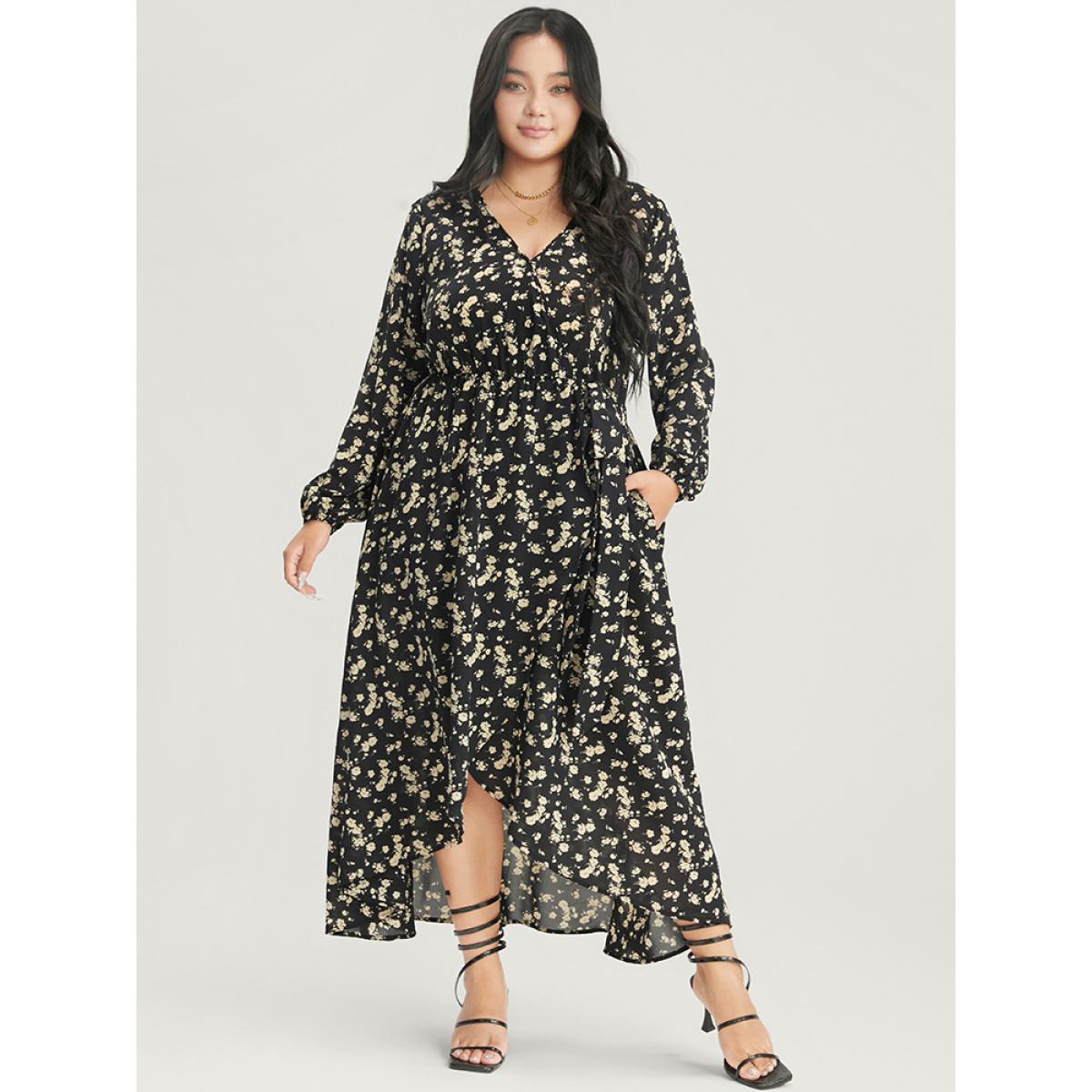 Plus Size Floral Wrap Lantern Sleeve Pocket Asymmetrical Hem Dress Black Women Elegant Cross straps V-neck Long Sleeve Curvy Long Dress BloomChic 26/4X Product Image