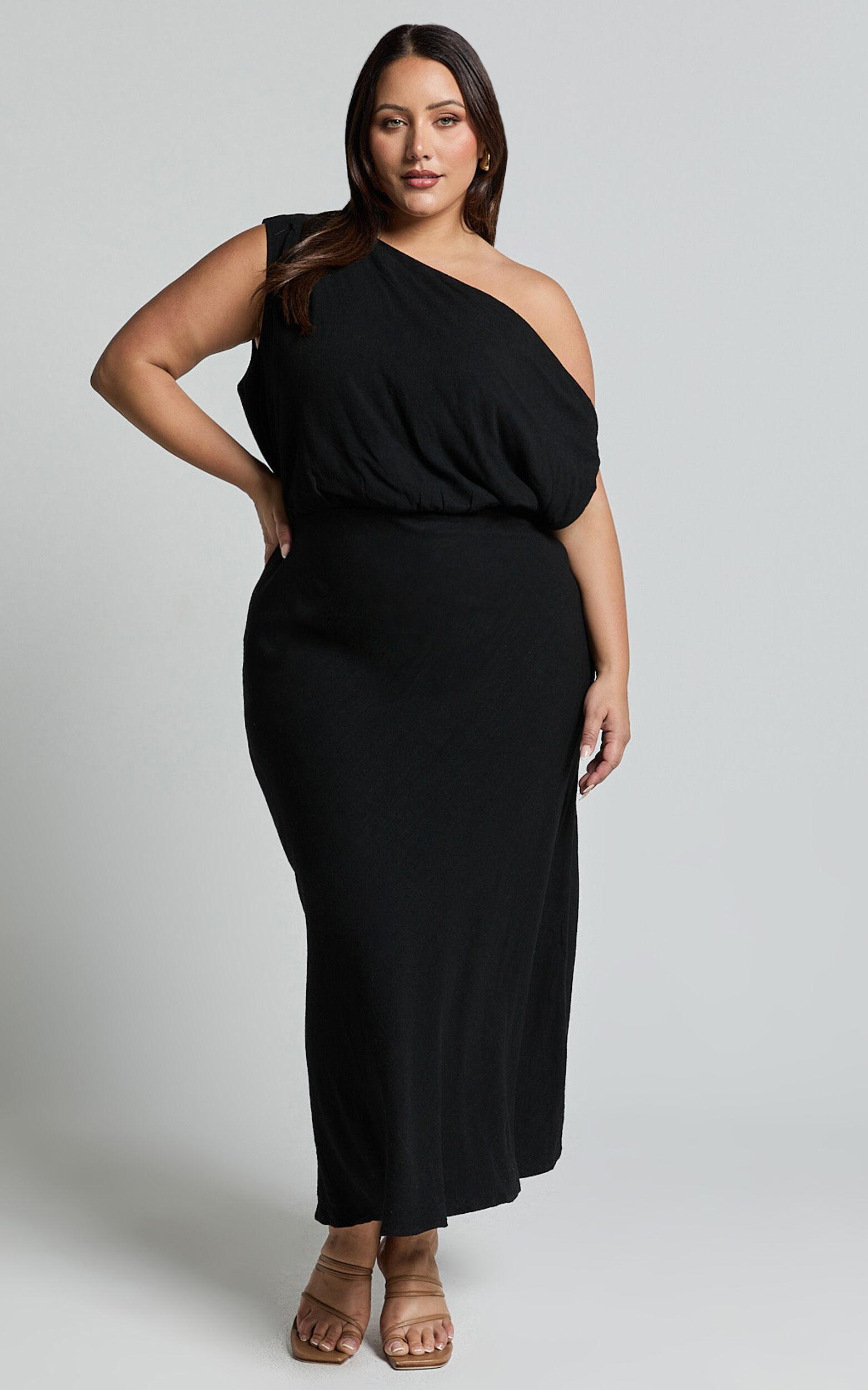 Jacqueline Midi Dress - Linen One Shoulder Dress in Black Product Image