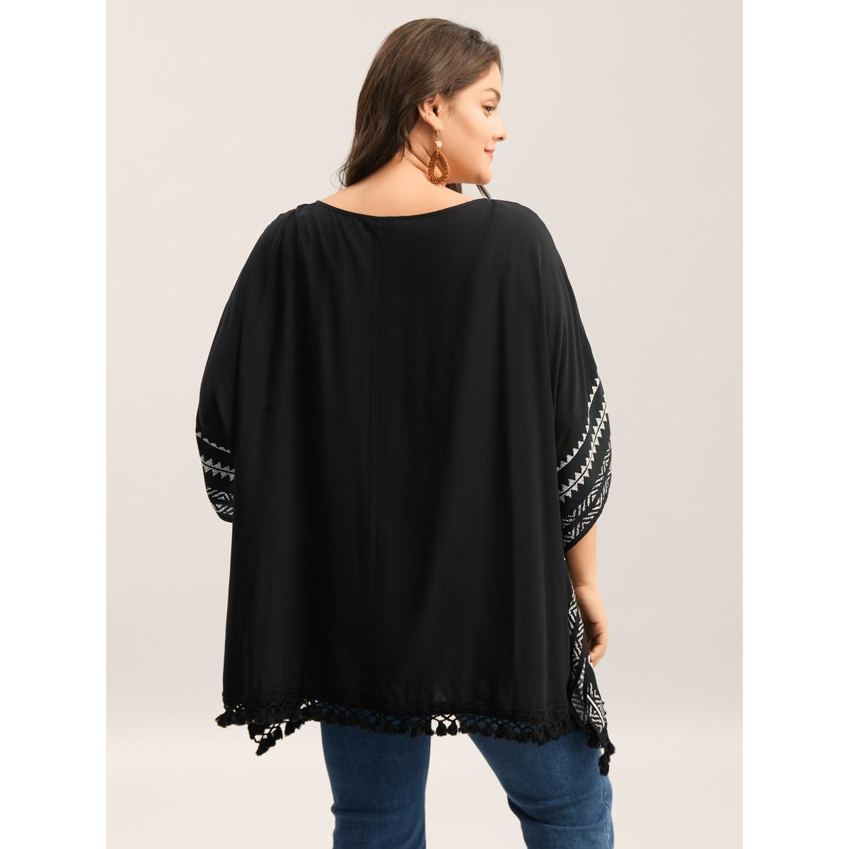 Plus Size Black Rayon Tassels Boho Print Relaxed Blouse Women Boho Elbow-length sleeve Boat Neck Vacation Blouses BloomChic 26/4X Product Image
