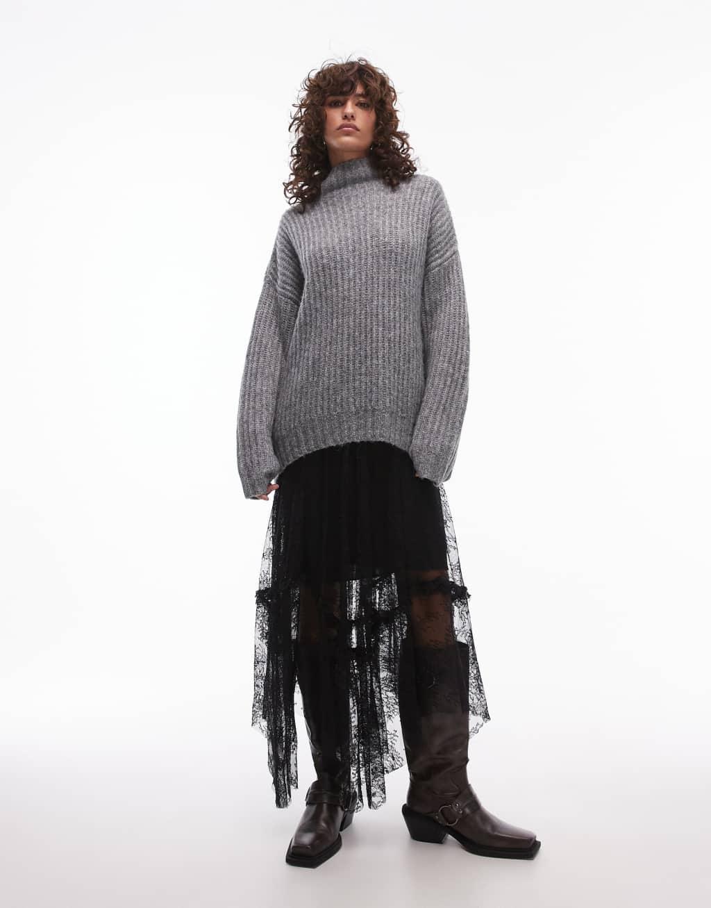 AllSaints Josie lace tulle midi skirt in black Product Image