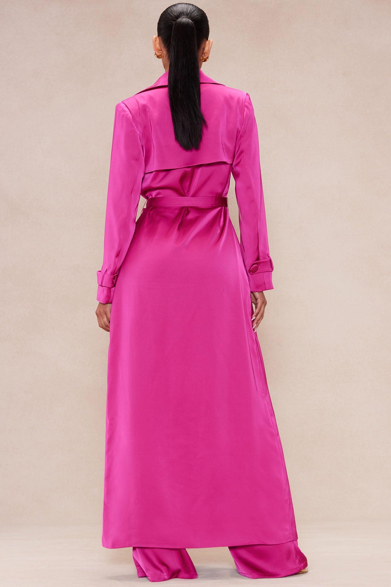 Gabriella Satin Trench Coat And Pant Set - Hot Pink Product Image