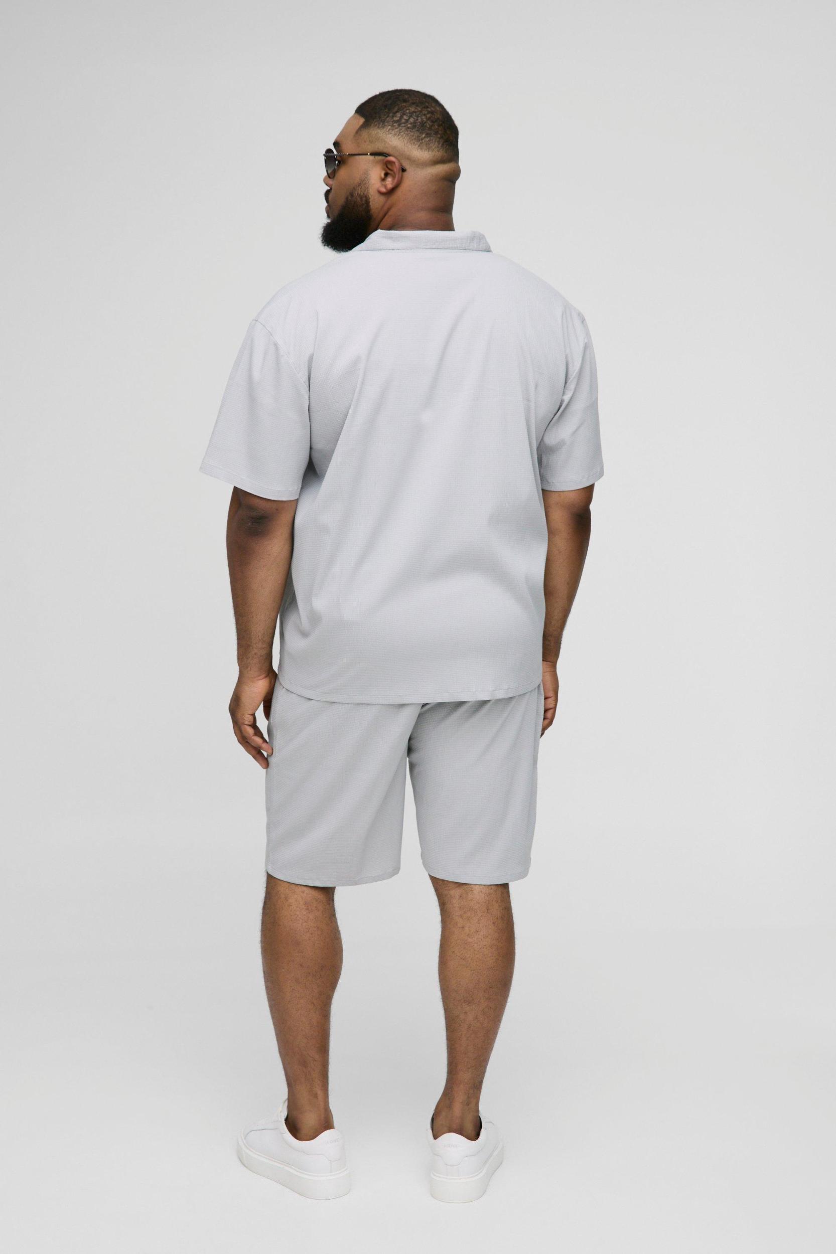 Plus Oversized Overhead V-Neck Stripe Seersucker Shirt & Short Set | boohooMAN USA Product Image