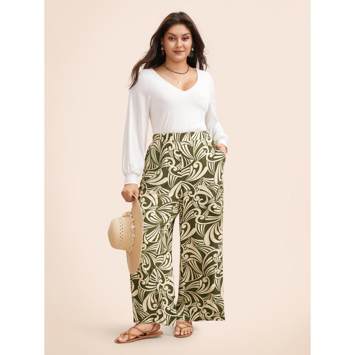 Plus Size Tropical Print Wide Leg Mid Rise Pants Women Moss Casual Wide Leg Mid Rise Everyday Pants BloomChic 28/5X Product Image