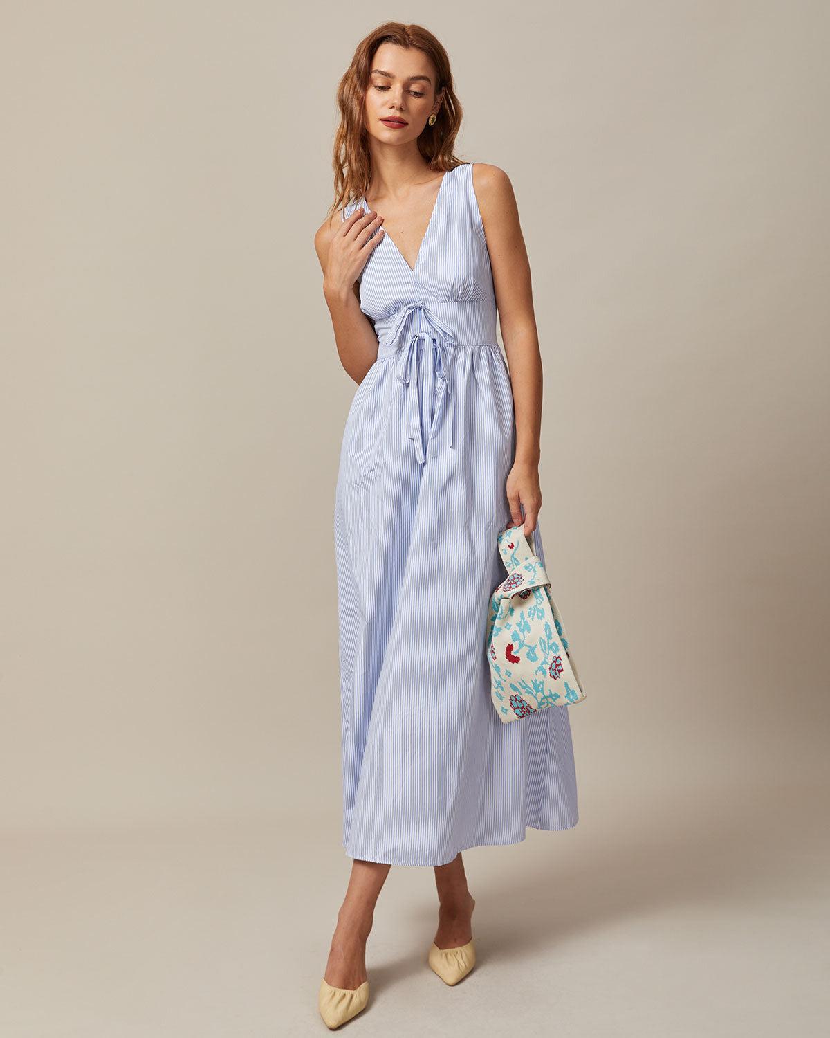 The Blue V Neck Shirred Striped Maxi Dress Product Image