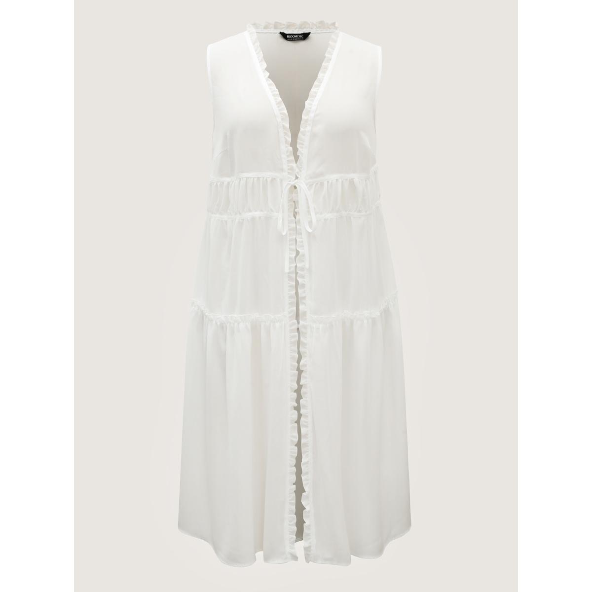 Plus Size Shirred Front-Tie Webbed Kimono Women Originalwhite Woven ribbon&lace trim Vacation Kimonos BloomChic 26/4X Product Image