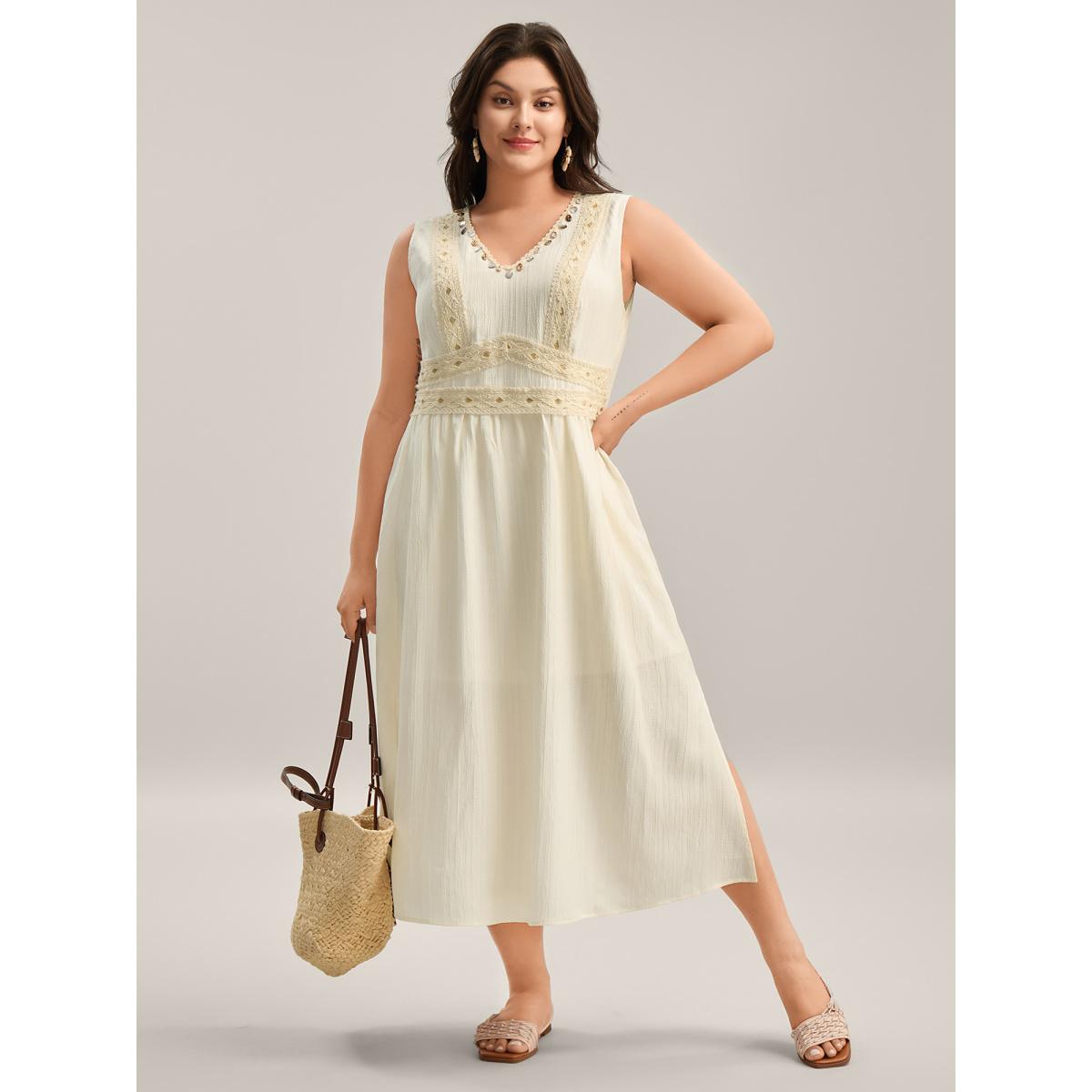 Plus Size Textured Solid Lace Trim Midi Dress Ivory Women V-neck Sleeveless Curvy BloomChic 30/6X Product Image