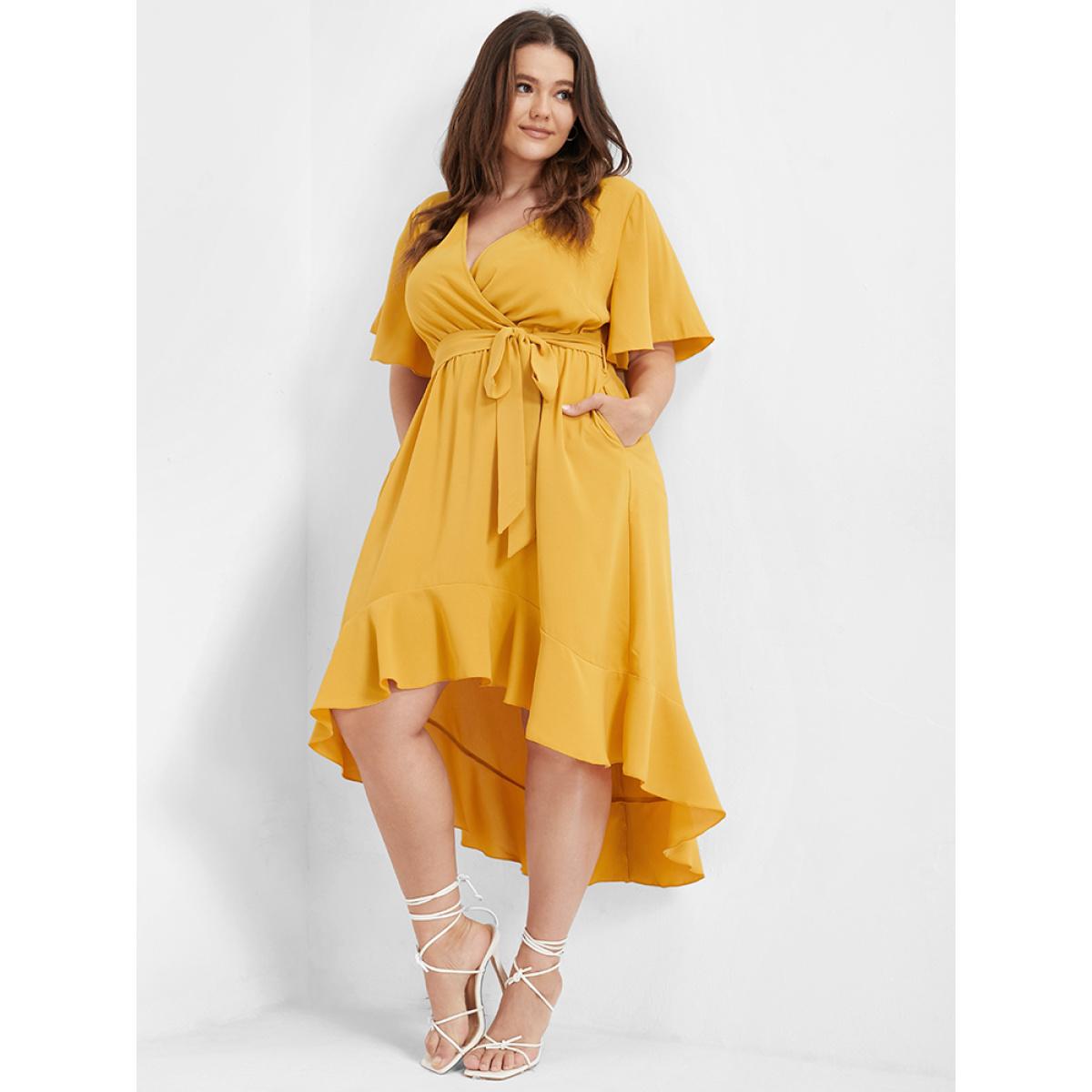 Plus Size Bloom Dress - Solid Tie Surplice Ruffle High Low Dress Yellow Women Elegant Cross straps V-neck Short sleeve Curvy Midi Dress BloomChic 30/6X Product Image