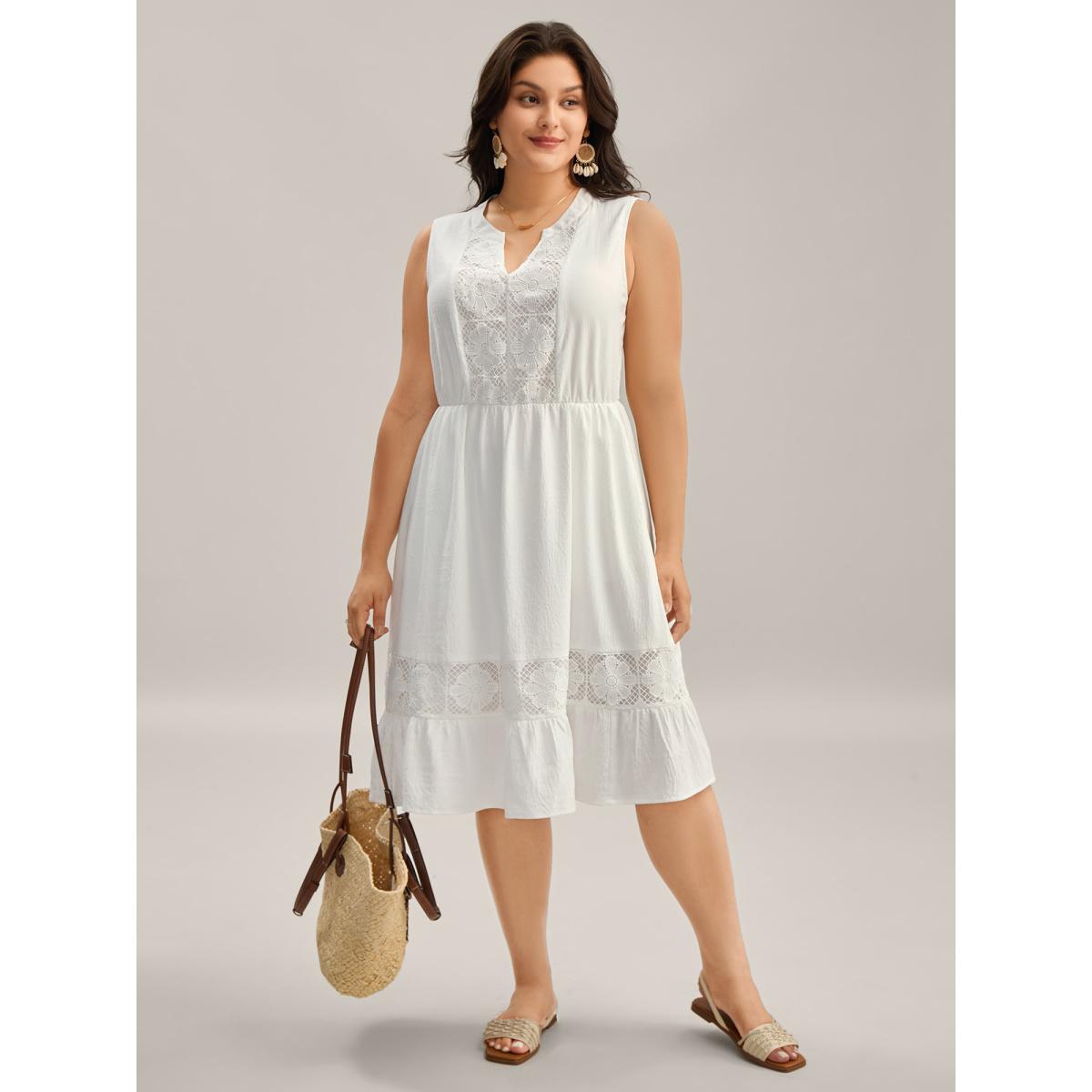 Plus Size Floral Textured Solid Tiered Hem Midi Dress Originalwhite Women Boho Flat collar with V-notch Sleeveless Curvy BloomChic 10/M Product Image