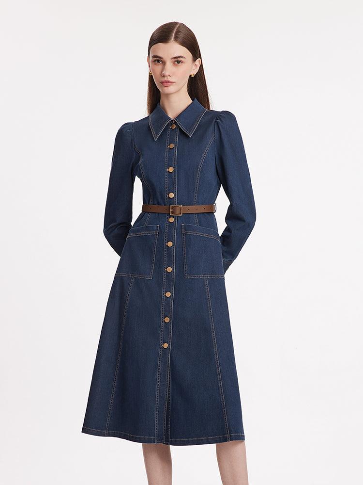 Single-Breasted Lapel Women Midi Denim Dress With Belt Product Image
