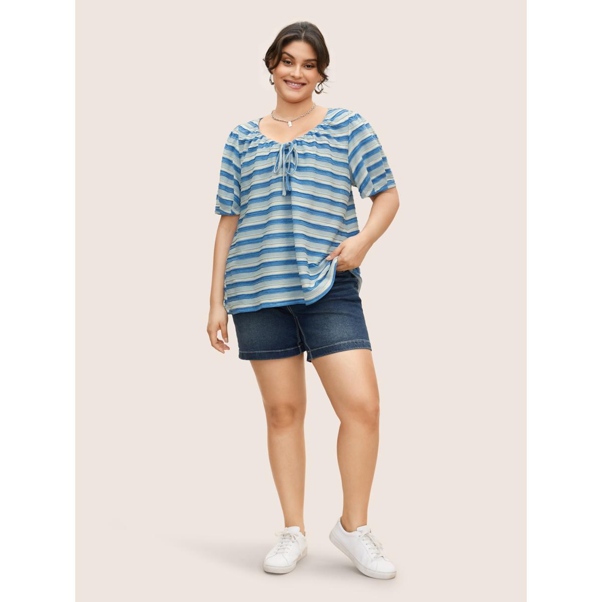 Plus Size V Neck Textured Striped Tie Knot T-shirt Skyblue Women Casual Texture V-neck Everyday T-shirts BloomChic 28/5X Product Image