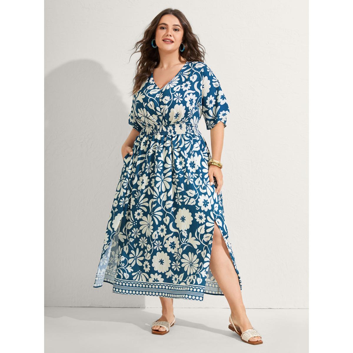 Plus Size Large Floral Print Pockets Midi Dress DarkGreen Women Resort Slit V-neck Short sleeve Curvy BloomChic 10/M Product Image