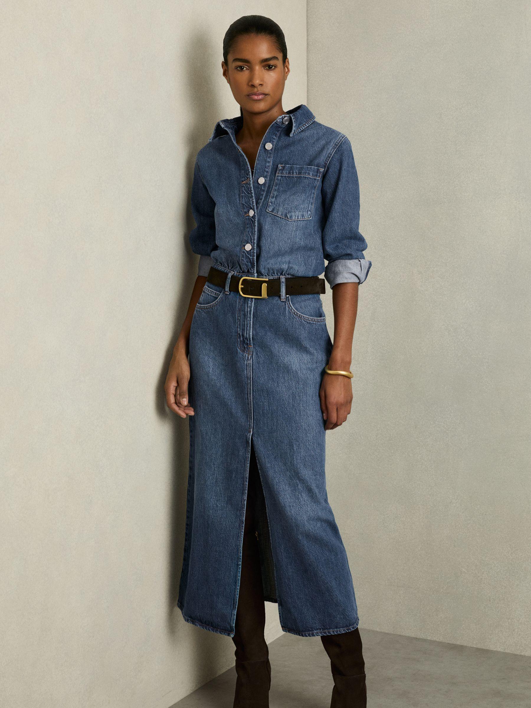 Denim Button-Through Midi Dress in Indigo Product Image