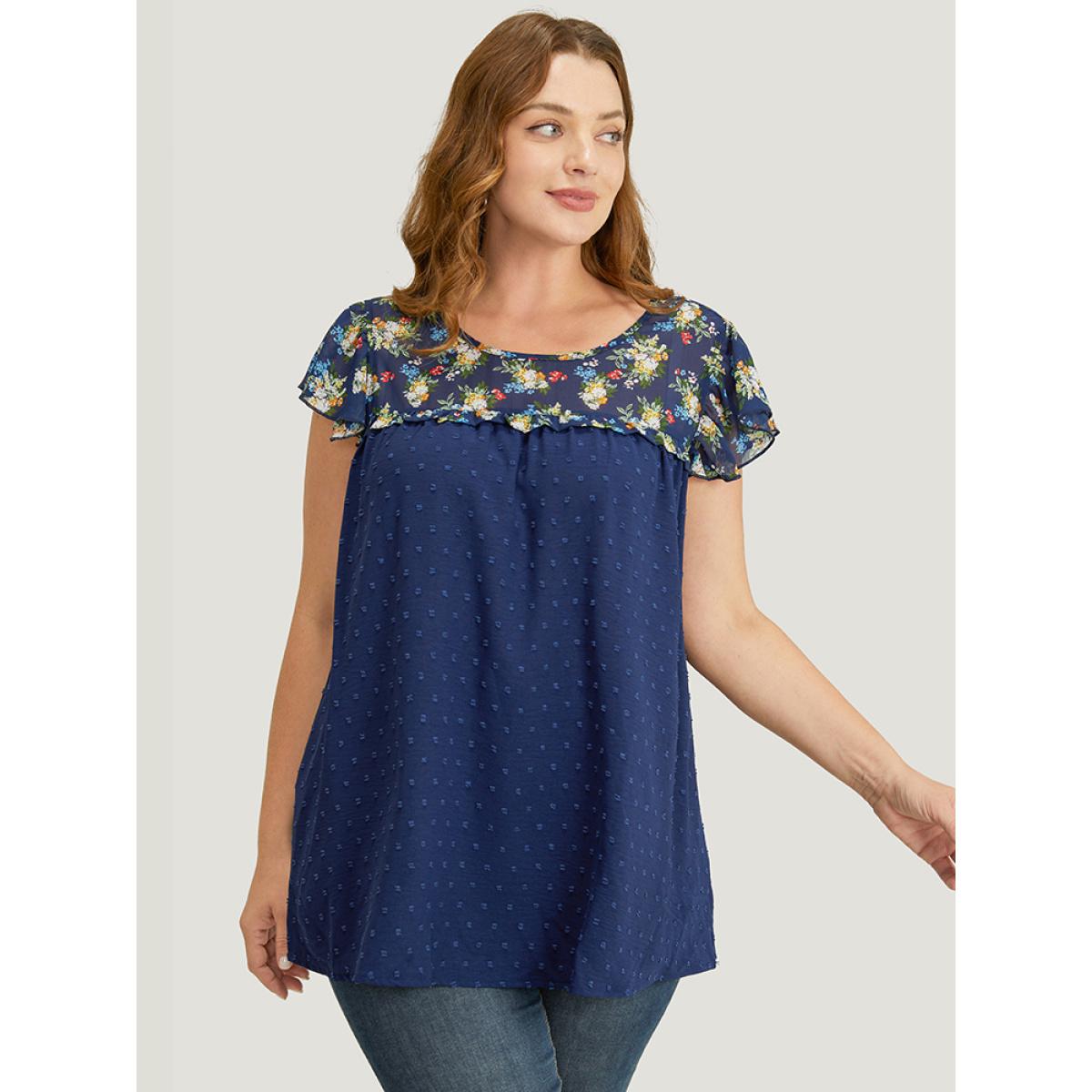 Plus Size Indigo Ditsy Floral Patchwork Ruffle Cap Sleeve Blouse Women Elegant Cap Sleeve Round Neck Dailywear Blouses BloomChic 28/5X Product Image