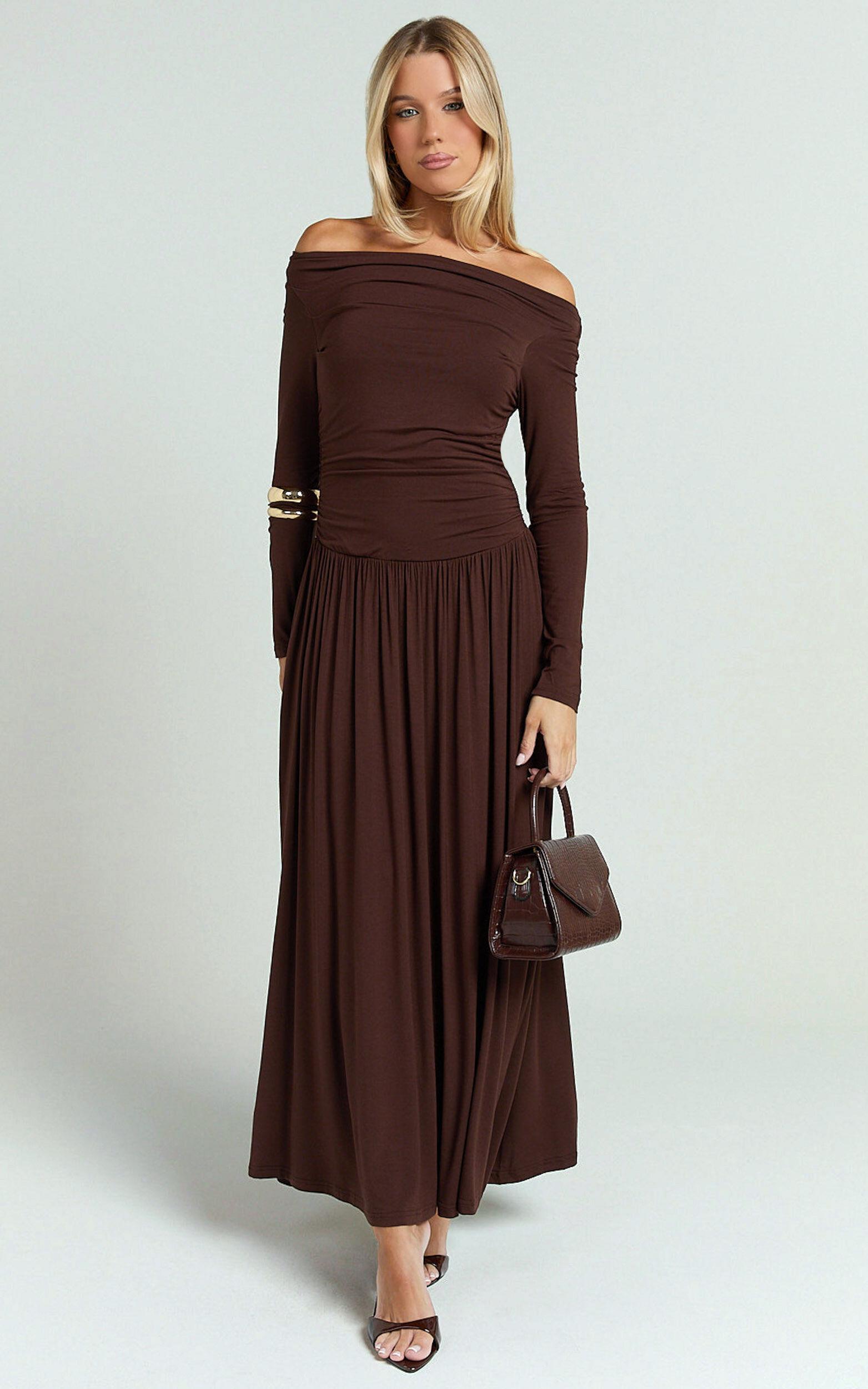 Antonia Maxi Dress - Off The Shoulder Long Sleeve Dress in Brown Product Image