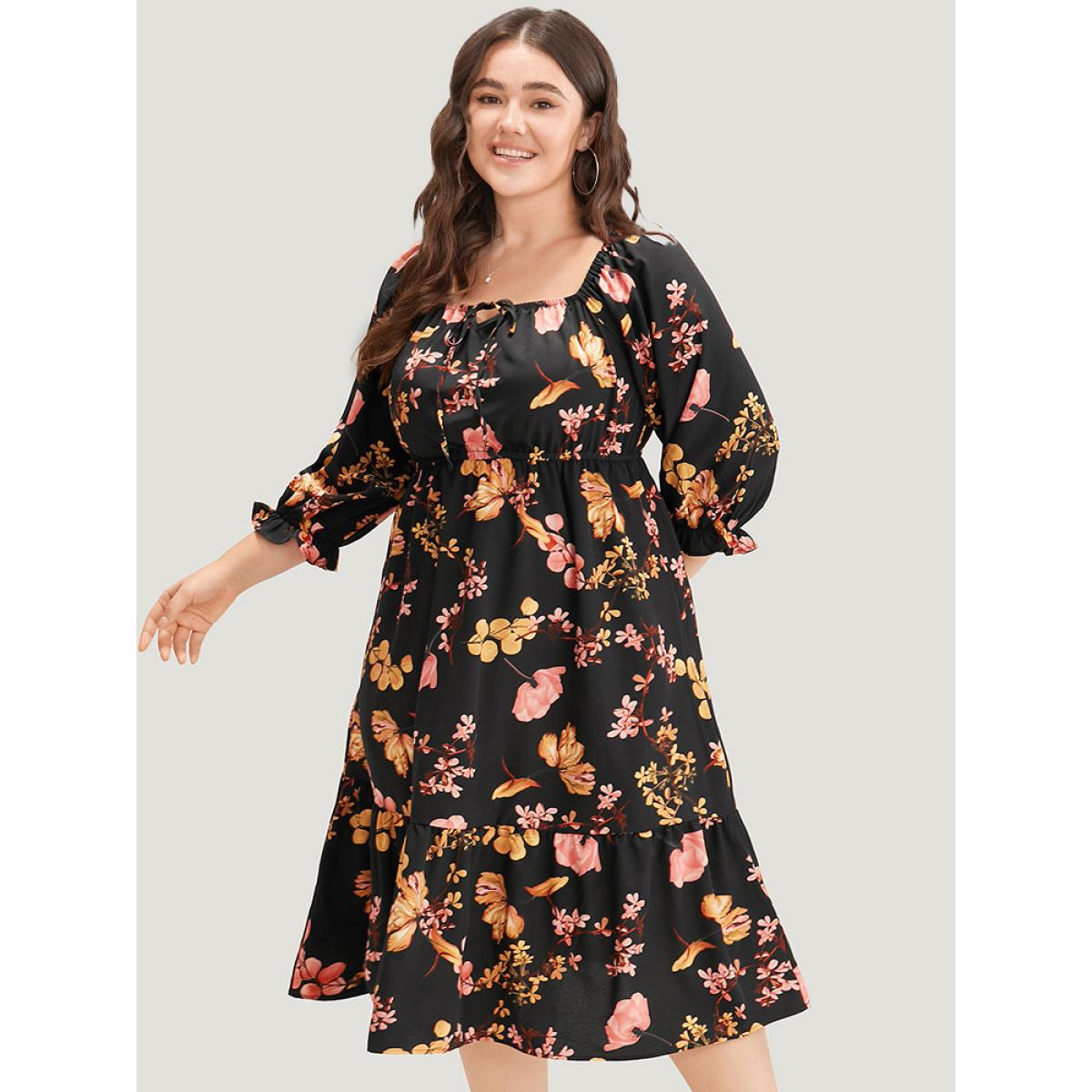 Plus Size Floral Print Bowknot Flutter Trim Tiered Dress Black Women Elegant Gathered Square Neck Elbow-length sleeve Curvy Midi Dress BloomChic 26/4X Product Image