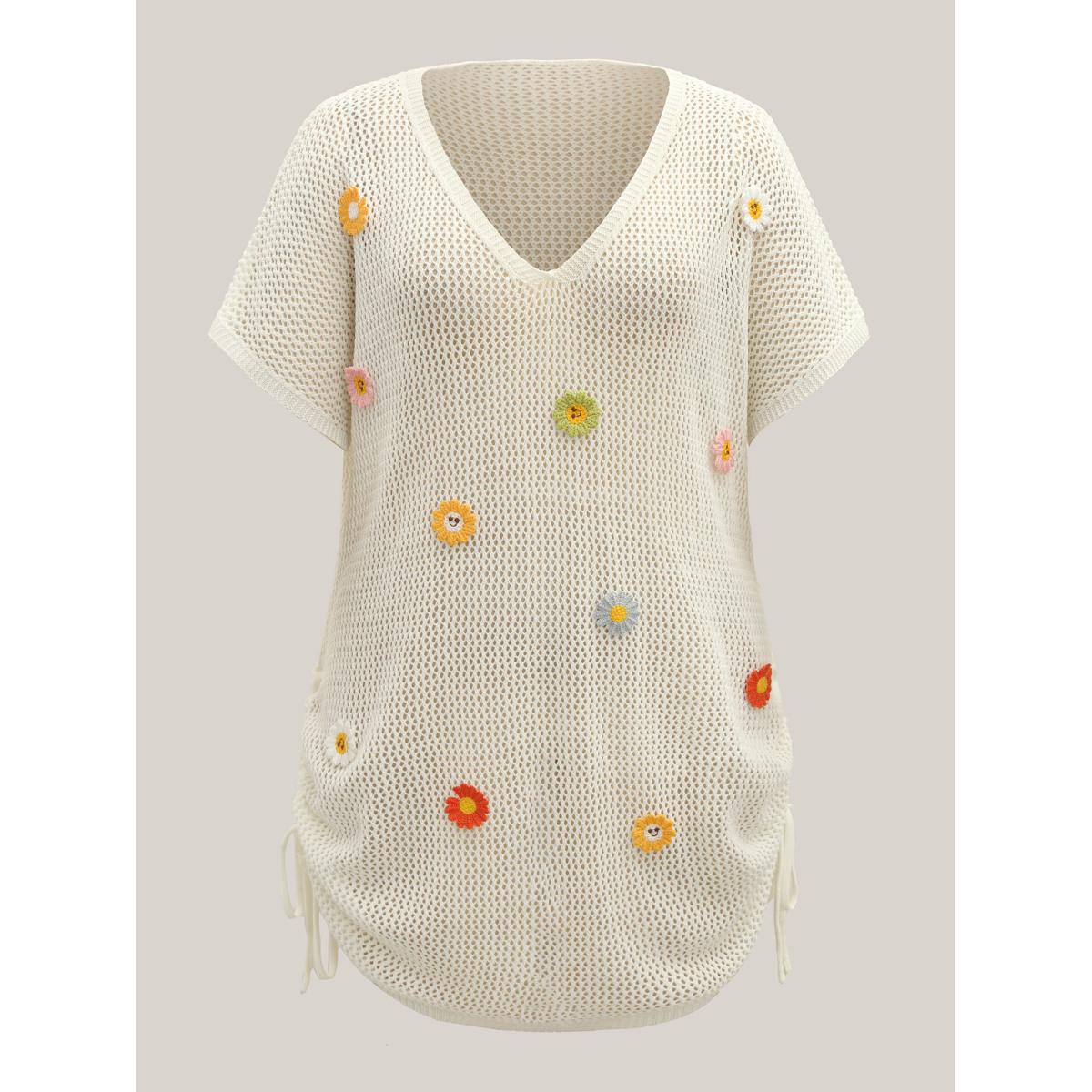 Plus Size Crochet Floral Knotted Drawstring Swim Cover-Up Women's Swimwear Originalwhite Resort Loose Texture Curve Swim Cover Ups BloomChic 14-16/1X Product Image