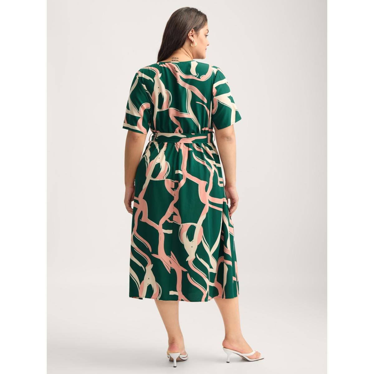 Plus Size Abstract Belted Side Slit Surplice Midi Dress Emerald Women Overlap Collar Short sleeve Curvy BloomChic 26/4X Product Image