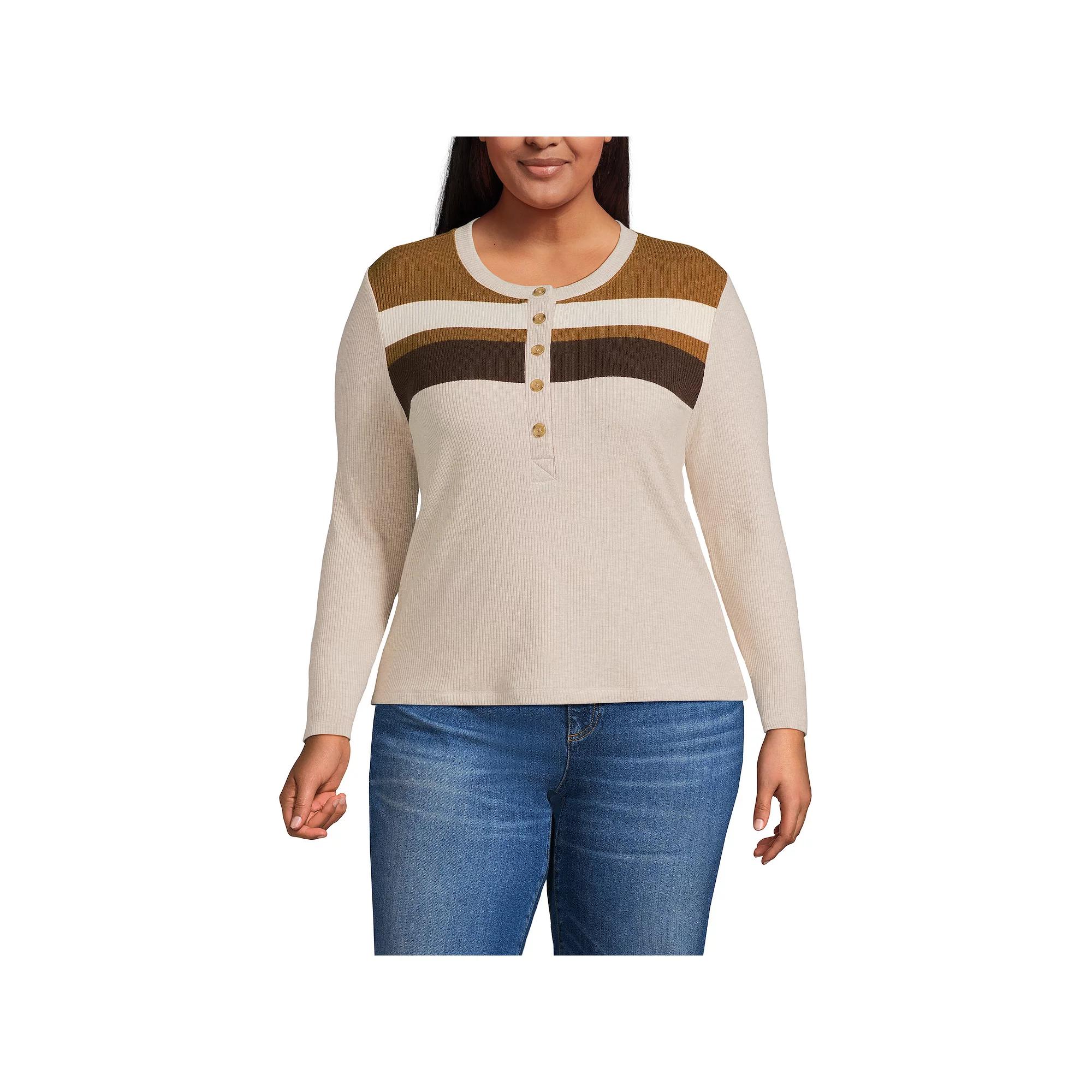 Plus Size Lands' End Long Sleeve Cozy Rib Henley Top, Women's, Size: 2XL, Coriander Stripe Product Image