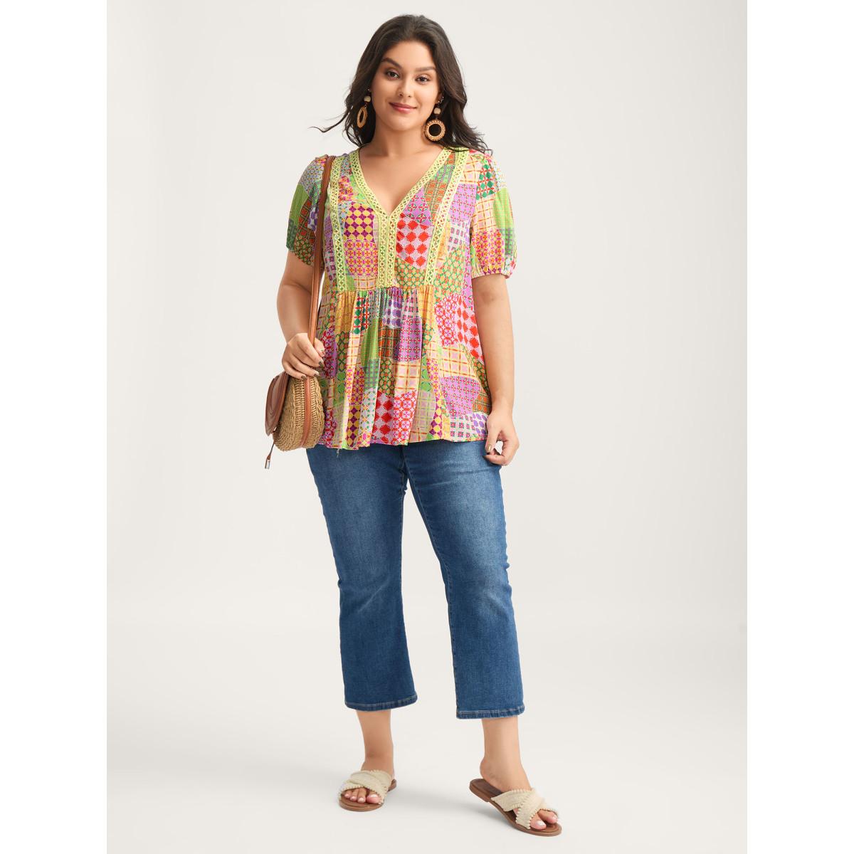 Plus Size Multicolor Vibrant Collage Print Babydoll Top Women Playful Short sleeve Deep V-neck Vacation Blouses BloomChic 26/4X Product Image