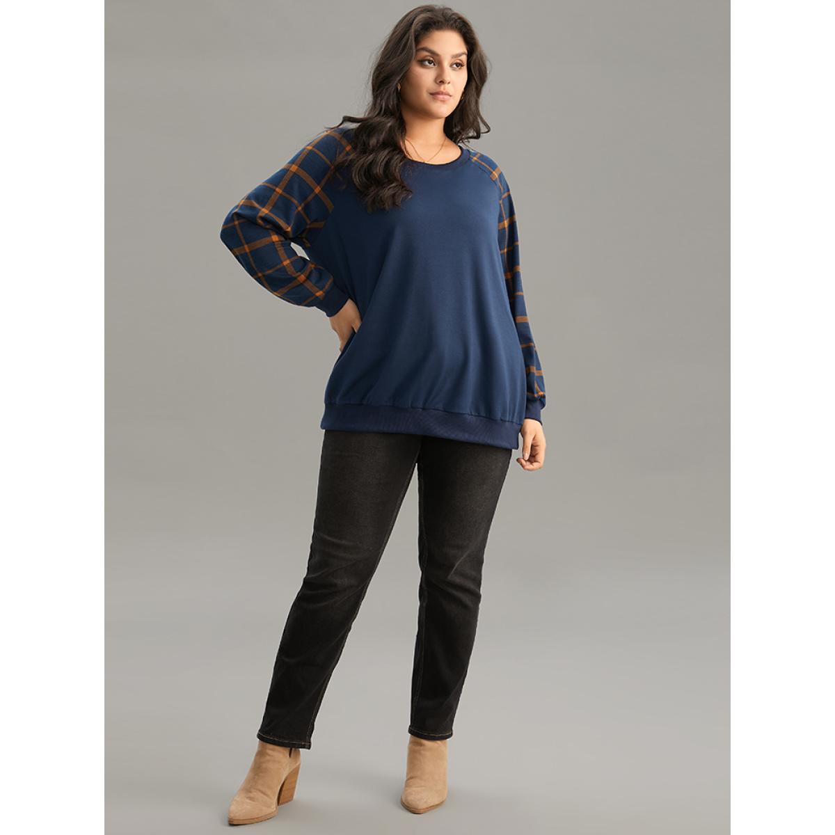 Plus Size Plaid Two Tone Patchwork Rib Knit Sweatshirt Women Indigo Elegant Rib Knit Round Neck Dailywear Sweatshirts BloomChic 14-16/1X Product Image