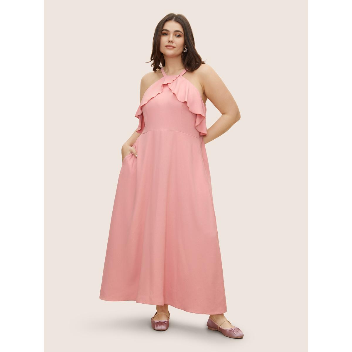 Plus Size Plain Ruffle Trim Pocket Adjustable Straps Dress Watermelon Women Formal Ruffles Non Sleeveless Curvy Midi Dress BloomChic 10/M Product Image