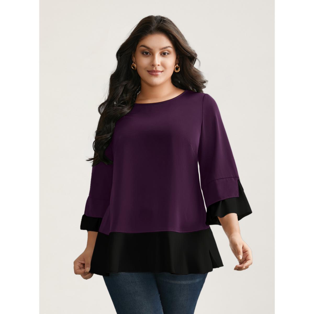 Plus Size Deeppurplered Contrast Patchwork Bell Sleeve Blouse Women Elegant Elbow-length sleeve Round Neck Everyday Blouses BloomChic 18-20/2X Product Image