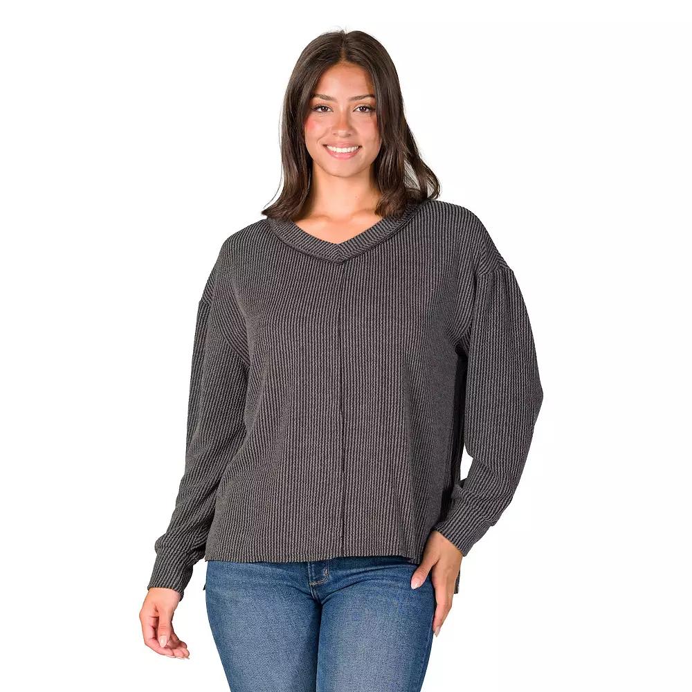 Women's 24Seven Comfort Apparel Relaxed Fit Ribbed V Neck Sweater Top,  Product Image