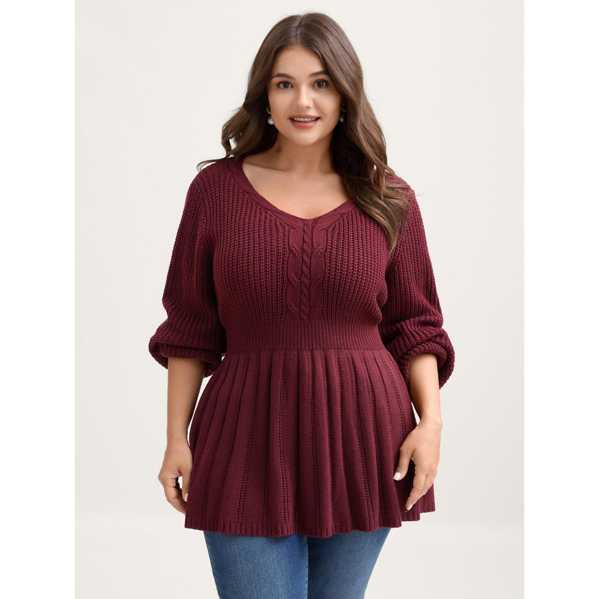 Plus Size Backless Ties Textured Cinched Pullover Deepred Women Timeless Bodycon Long Sleeve V-neck Elegant Pullovers BloomChic 18-20/2X Product Image