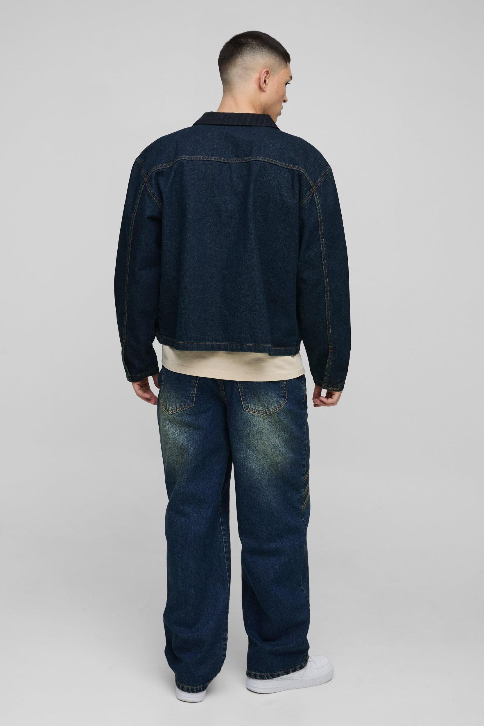 Regular Vintage Washed Cord Collar Jean Jacket | boohooMAN USA Product Image