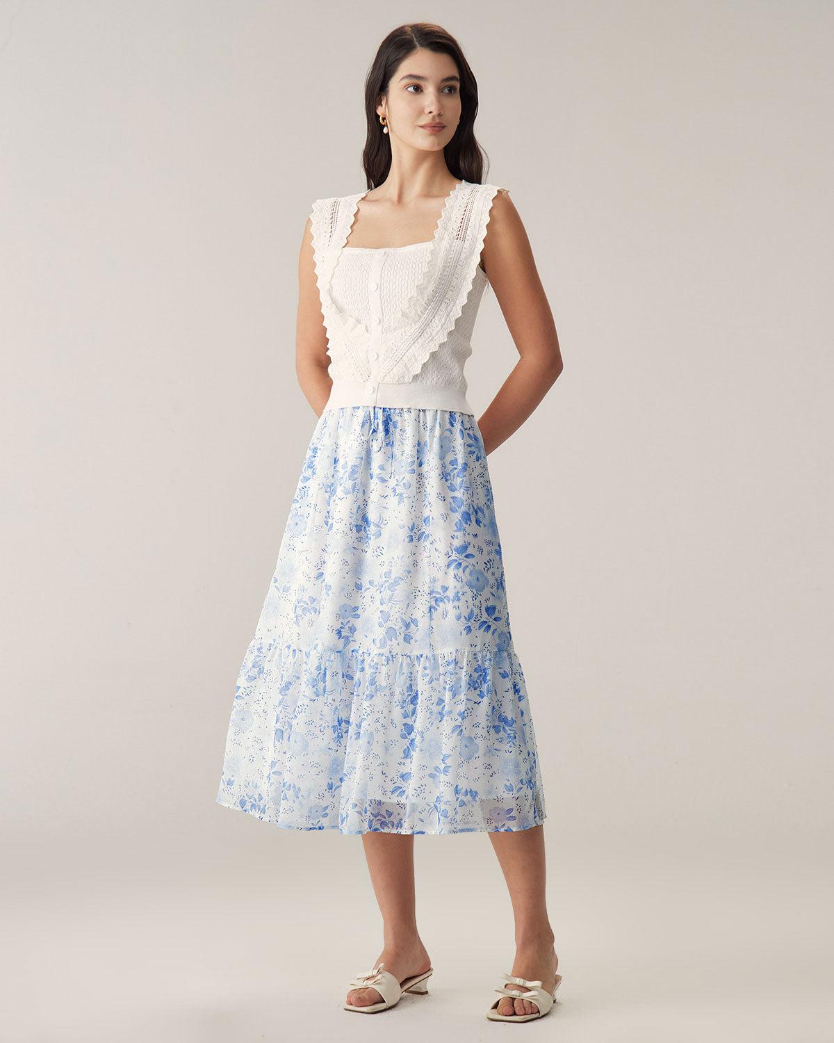 Blue Floral Flared Midi Skirt Product Image