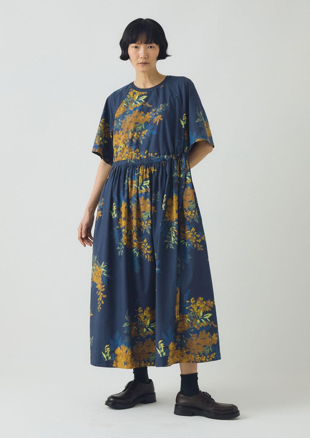 Botanical Shadow Print Cotton Dress | Shadow Blue Product Image